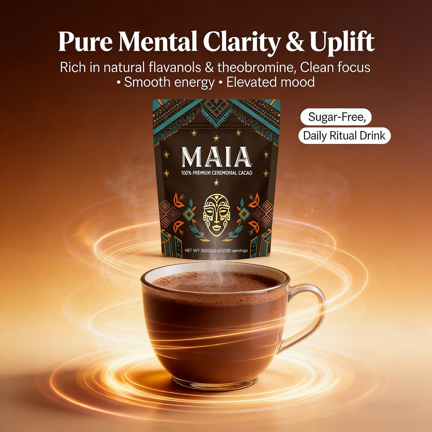 Maia Ceremonial Cacao - 100% Pure Natural  Enhanced with Flavanol  Theobromine  Magnesium & Natural Flavonoids Blend  For Mental Clarity  Focus  Energy Boost & Mood Elevation  Zero Sugar  Non-GMO  Vegan
