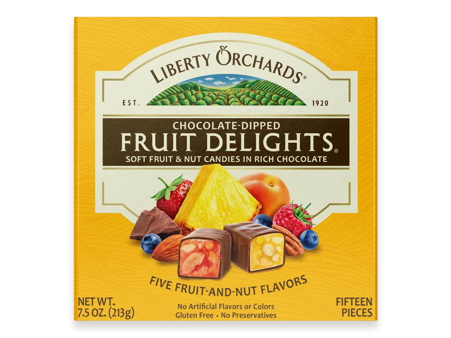 Liberty Orchards, Chocolate Dipped Fruit Delights - Gourmet Chewy Gift Box Candies, Pineapple Apricot & Walnut Sweet, Chocolate