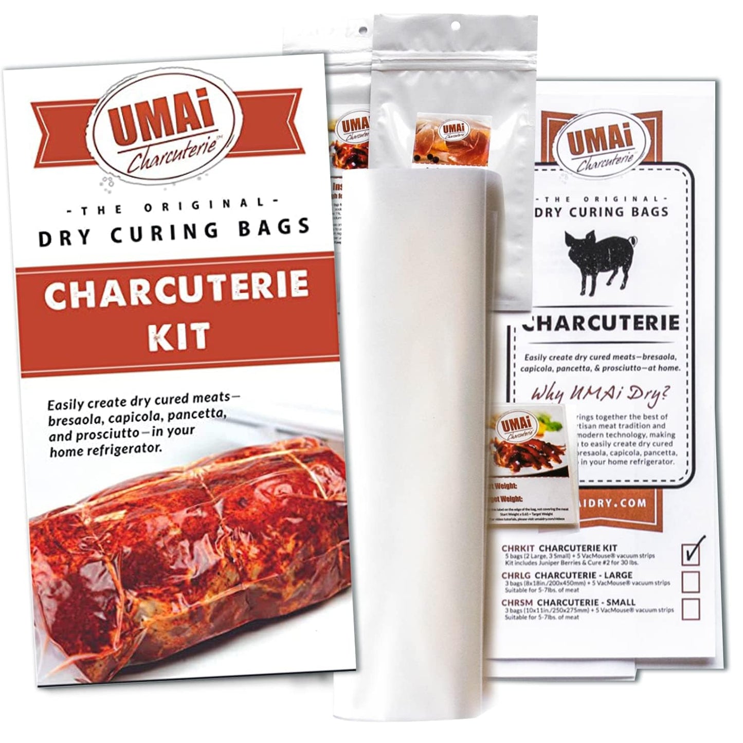 Umai Dry Charcuterie Kit - Dry Curing Meat Kit Incl. 3 Large & 2 Small Dry Age Bags For Meat, Instacure #2 & Juniper Berries, Cr