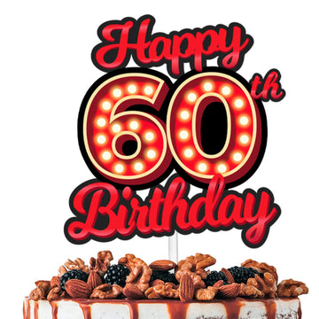 Happy 60th Birthday Cake Topper Fluorescent Flashing Night Out Hen Movie Nightclub Theme Decor Supplies Woman Man Happy Birthday