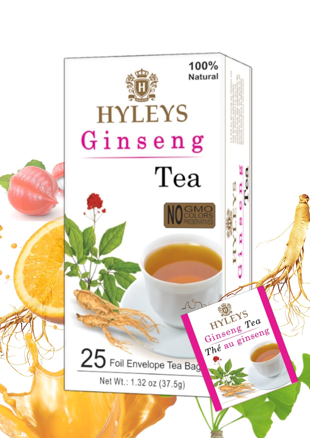 HYLEYS Ginseng & Green Tea with Guarana & Orange Flavor - 25 Tea Bags - Herbal Energy Tea