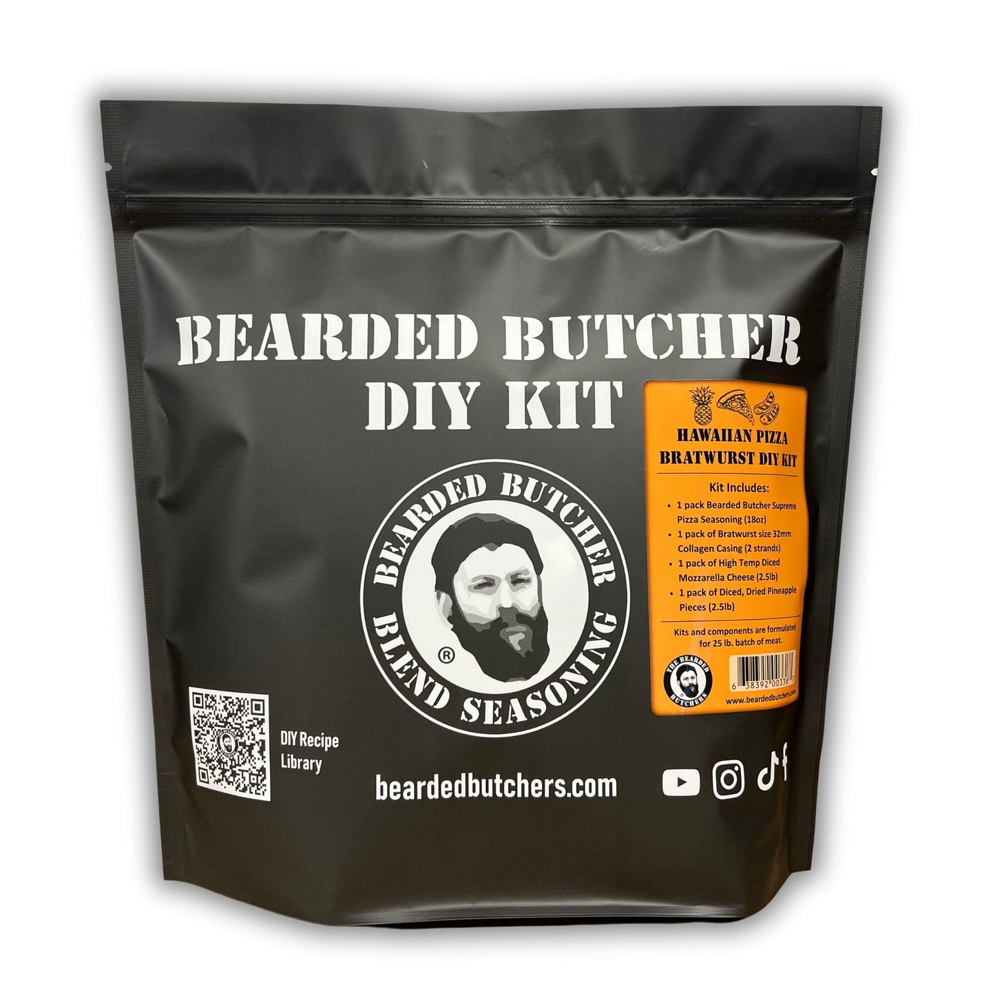 BEARDED BUTCHER BLEND SEASONING Hawaiian Pizza Bratwurst DIY Kit - Includes Seasoning, Mozzarella, Pineapple, Collagen Casings for 25 lbs