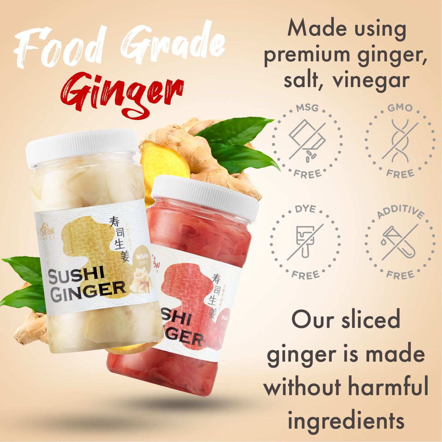 Fusion Select 2 Packs Sushi Ginger - Natural Sliced Gari, Pickled Ginger for Sushi - No MSG, Non-GMO - Spicy, Sour, Sweet & Salt