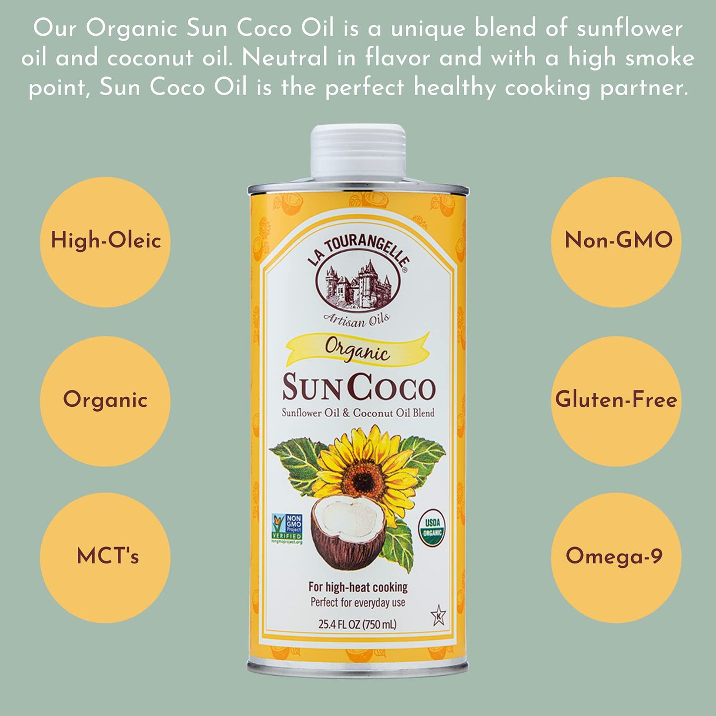 La Tourangelle Organic Sun Coco Oil - Unique Blend of High-Oleic Sunflower & Refined Coconut Oil, 25.4 fl oz