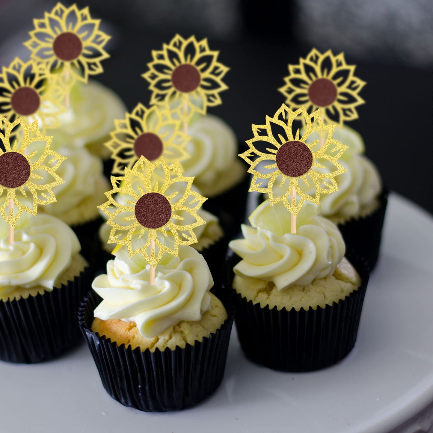 ZHUOWEISM 24 PCS Sunflower Cupcake Toppers - Glitter Flower Theme, Bamboo Material, Small Size, Design 1 for Birthday Party Decorations