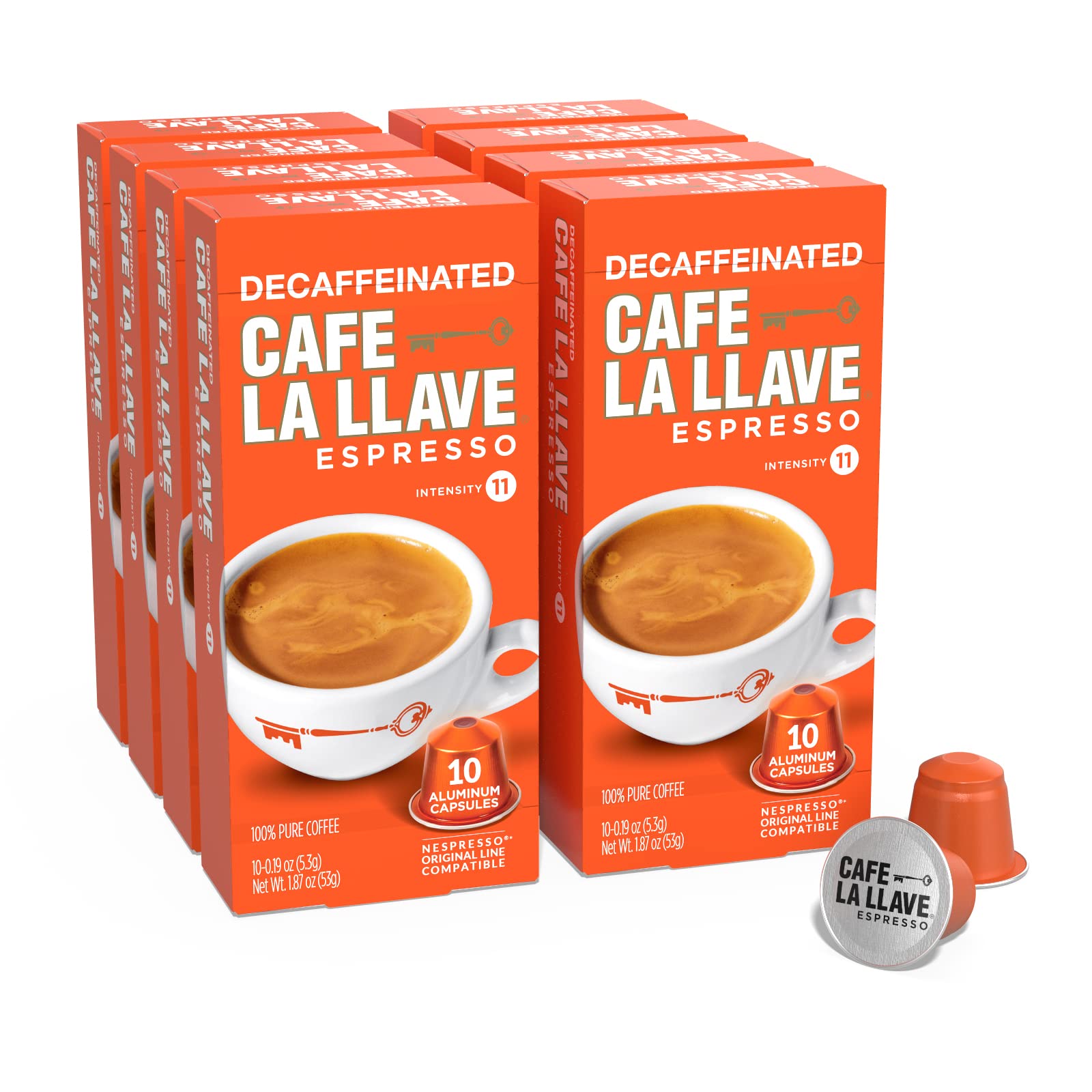 Cafe La Llave Decaf Espresso Capsules, 80-Count Aluminum Pods, Intensity 11, Compatible with Original Nespresso Machines, Coffee