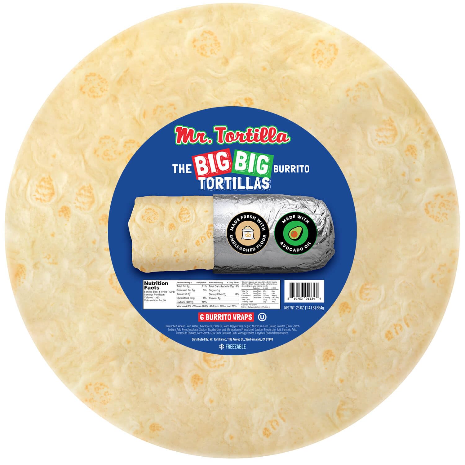 Mr. Tortilla Big Big Burrito Wraps - Vegan Kosher Tortillas, Made with Avocado Oil, 12-13 Size, Small-Batch, 6 Wraps