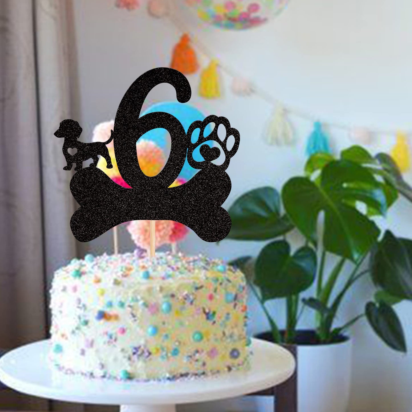 1 Pcs 6Th Birthday Cake Topper Black Glitter Dog Paw Six Years Old Birthday Puppy Dog Bone Cake Pick For Let'S Pawty Baby Shower
