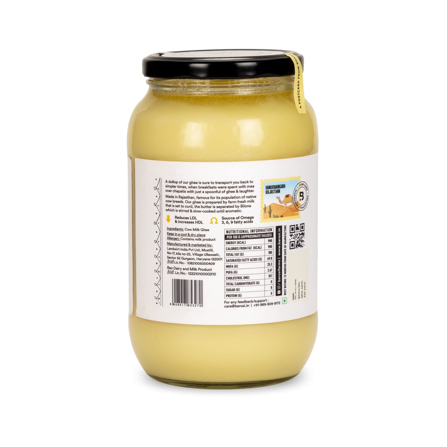 Barosi Enhanced Cultured Desi Cow Ghee 1 Litre | Vedic Bilona Method | Churned From Curd | Pure & Natural | Farm Made In Small Batches | Glass Jar Packing