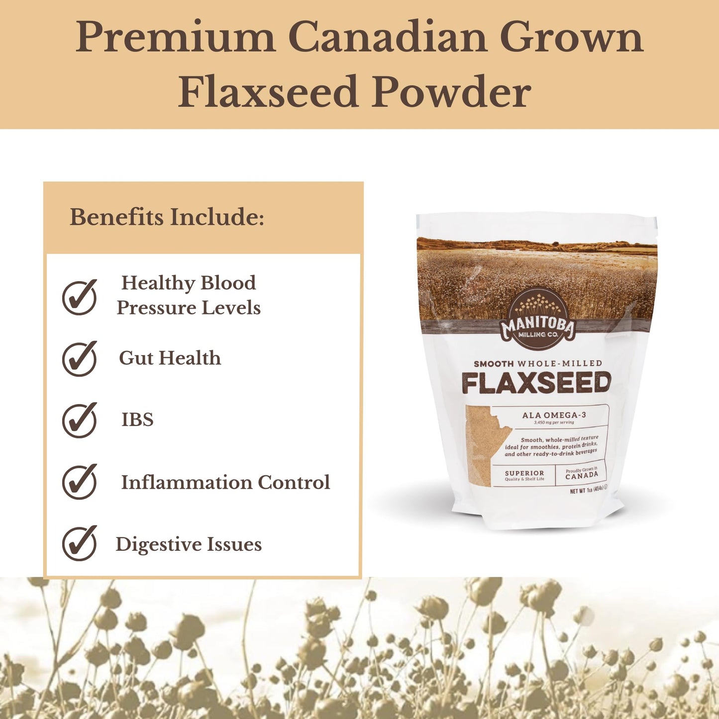 Ground Flax Seed | Manitoba Milling Co | One 1Lb Bag | Smooth Milled Flaxseed Fiber With Protein, Omega 3 | Gluten Free, Non-Gmo Gourmet Milled Flaxseed For Muffins, Yogurt, Smoothies
