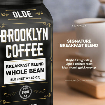 Brooklyn Coffee Whole Bean, Breakfast Blend Light Medium Roast (5Lb) Delicate, Smooth, Low Acidity - Fresh Bulk Coffee Beans Roa