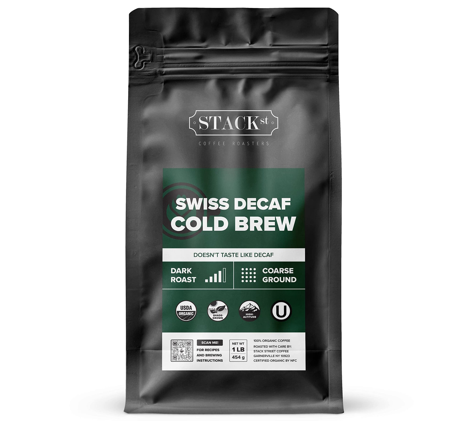 Stack Street Organic Swiss Water Process Decaf Cold Brew Coffee, Dark Roast, Coarse Ground, 16 Ounce