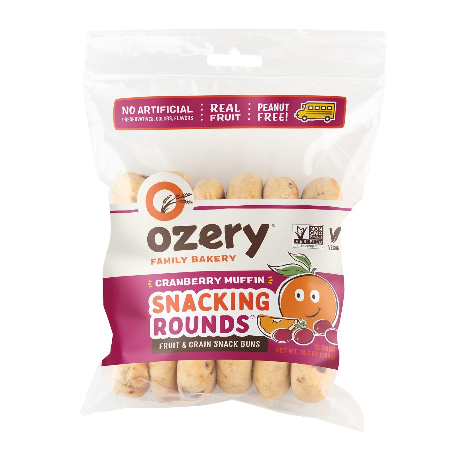 Ozery Bakery Cranberry Muffin Snacking Rounds, Allergen Free, Vegan, Made with Real Fruit, Snack Buns,12 Buns Per Bag, Pack of 6