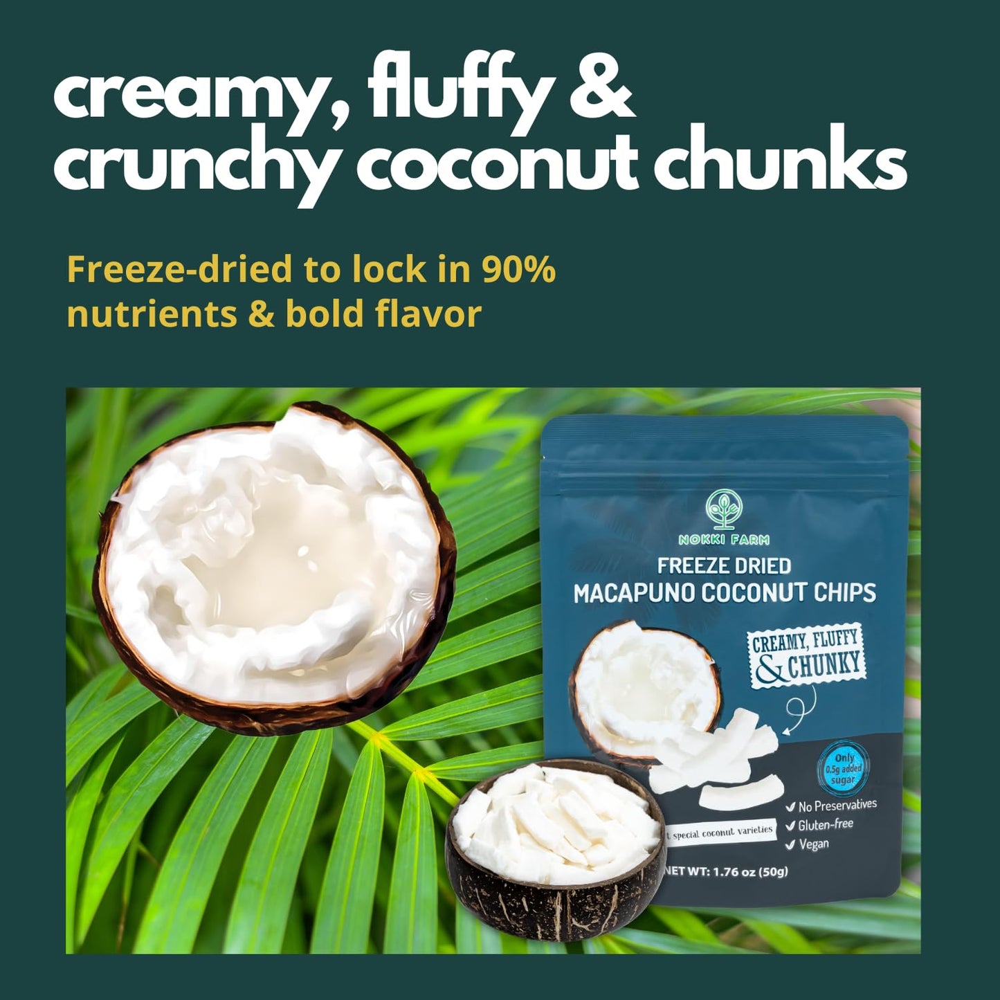 NOKKI FARM Freeze-dried Macapuno Coconut Chips, Vegan, Non-GMO, Pack of 3, 50g (1.76 Ounce)