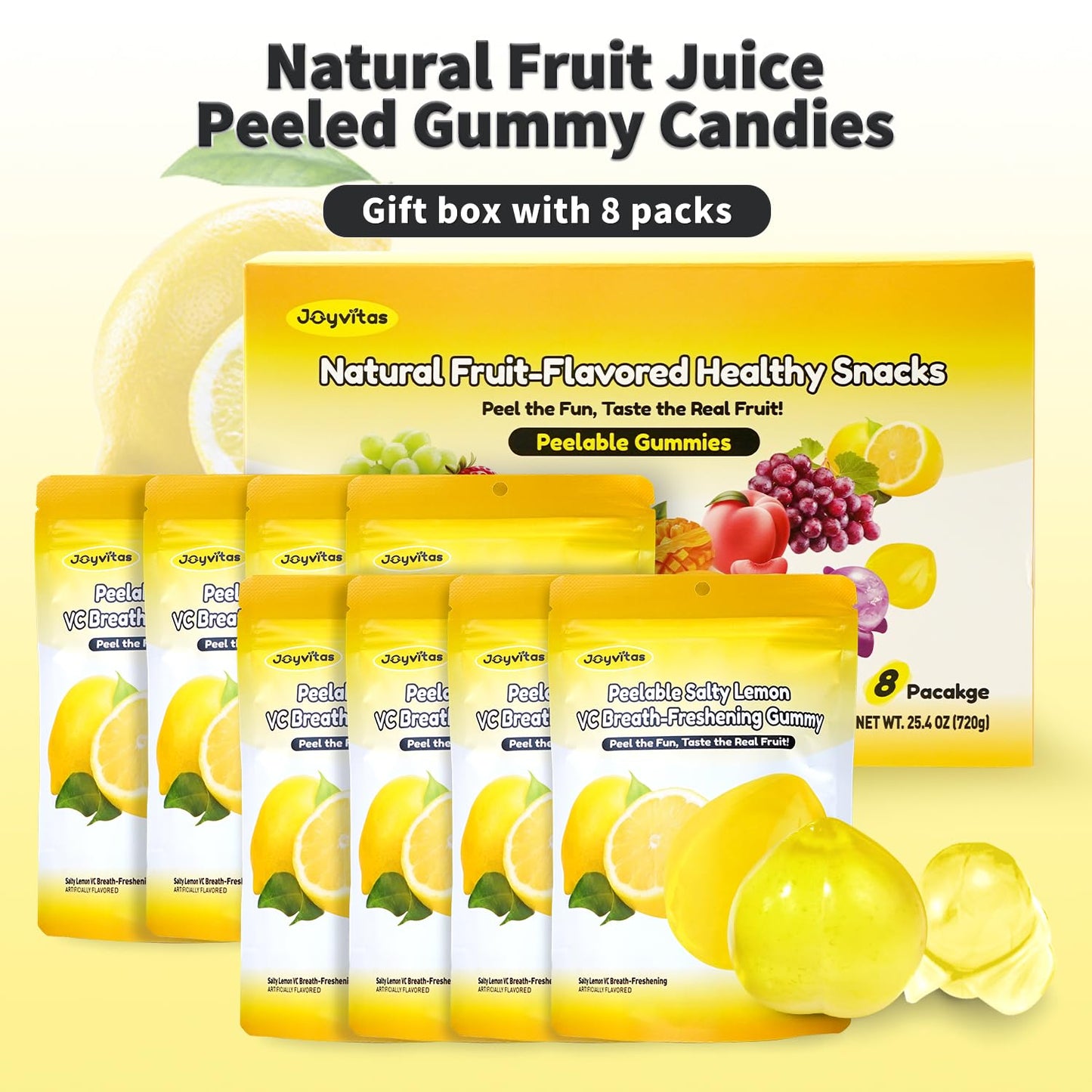 Joyvitas Peelable Gummy VC Lemon Candy - Low Sugar, Individually Wrapped, Resealable Snacks, 3.17oz (Pack of 8)