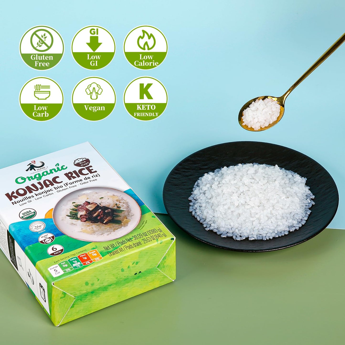 YUHO Organic Konjac Shirataki Rice, Low Carb Pasta 38.09 Oz (1080 g), USDA Organic Healthy Noodle (6 Pack Inside), Keto and Pale