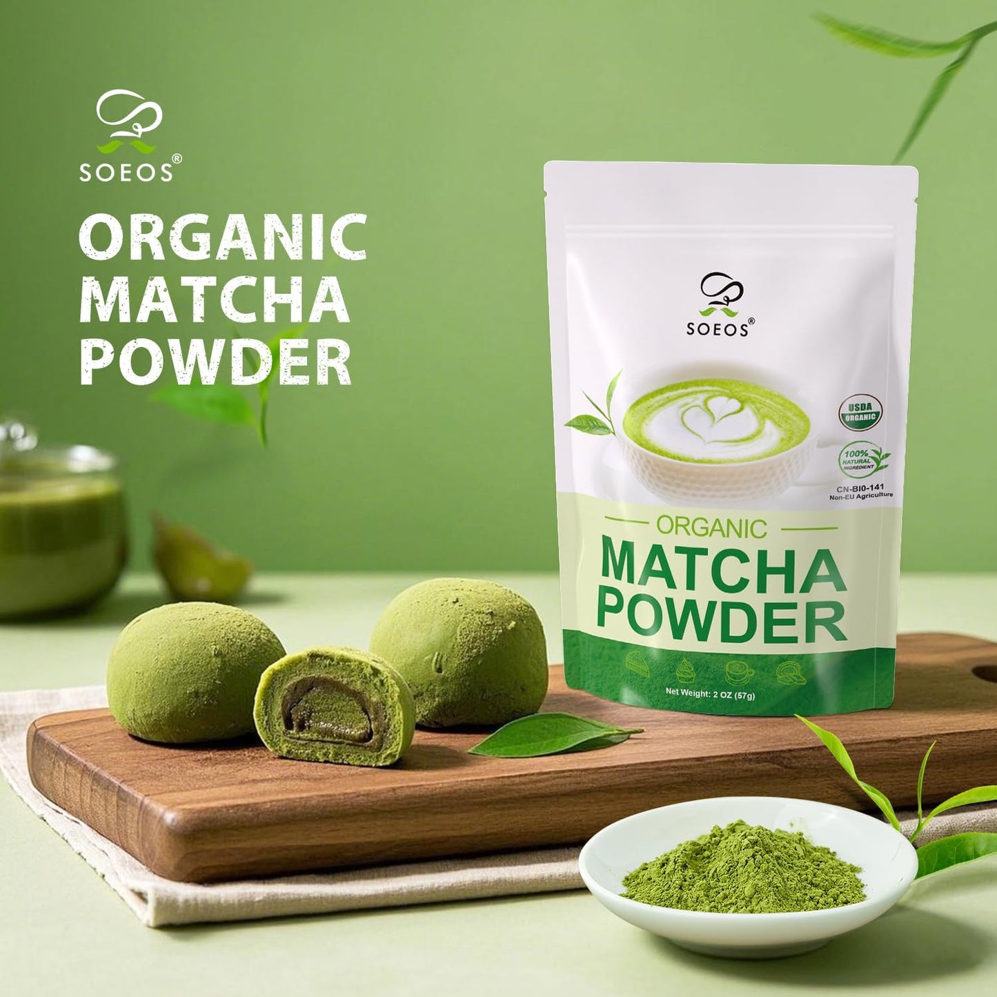 Soeos Organic Matcha Powder  Matcha Green Tea Powder  2 oz (57g)  Antioxidant-Rich Japanese Matcha for Lattes  Smoothies and Baking  Recyclable Bags