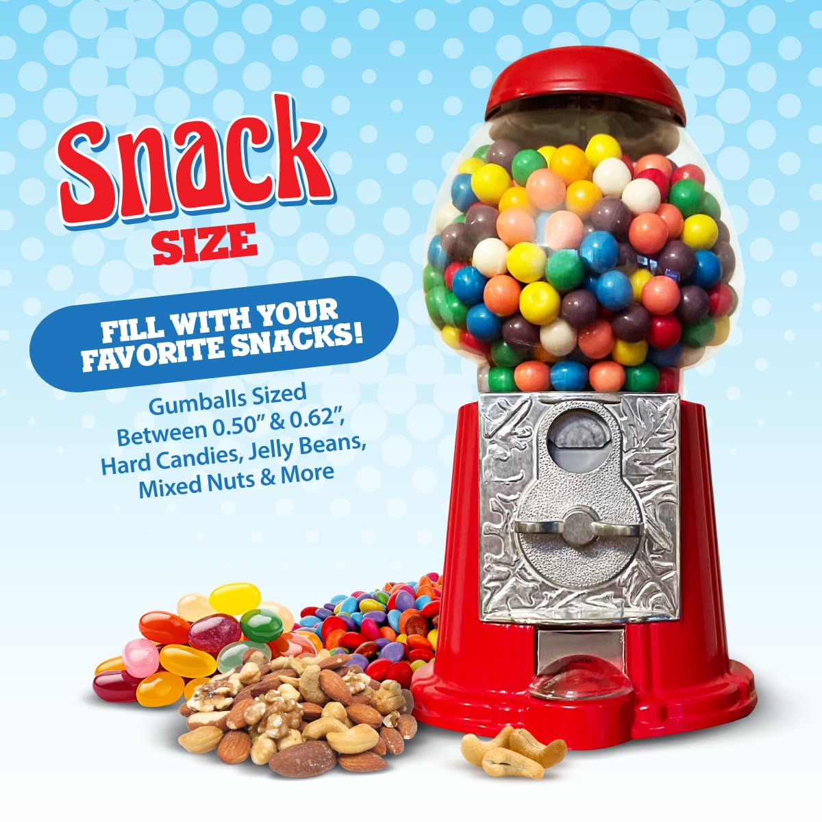 American Gumball Company - Metal 11-Inch Retro Style Red Gumball Machine, Made For 0.62 Inch Gumballs, Candy Or Nuts, Accepts An