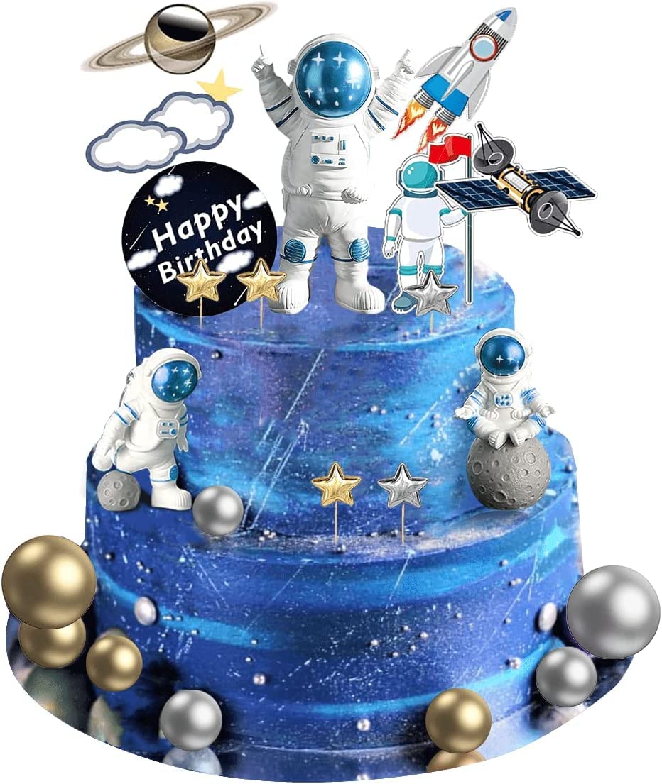 22Pcs Space Cake Topper,Space Cupcake Toppers Astronaut Figurine Birthday Outer Space Themed Party Decorations Supplies Planet R