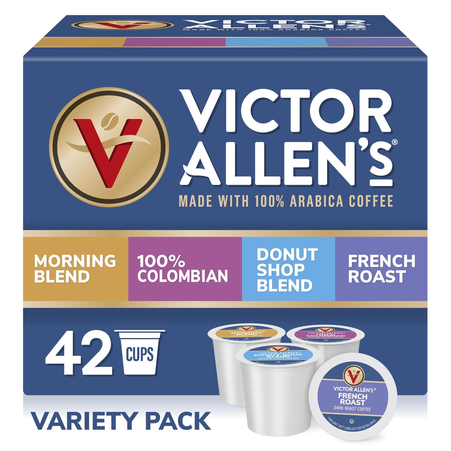 Victor Allens Coffee Variety Pack - 42 Count Single Serve Pods for Keurig - Morning Blend, Colombian, Donut Shop, French Roast - Brown