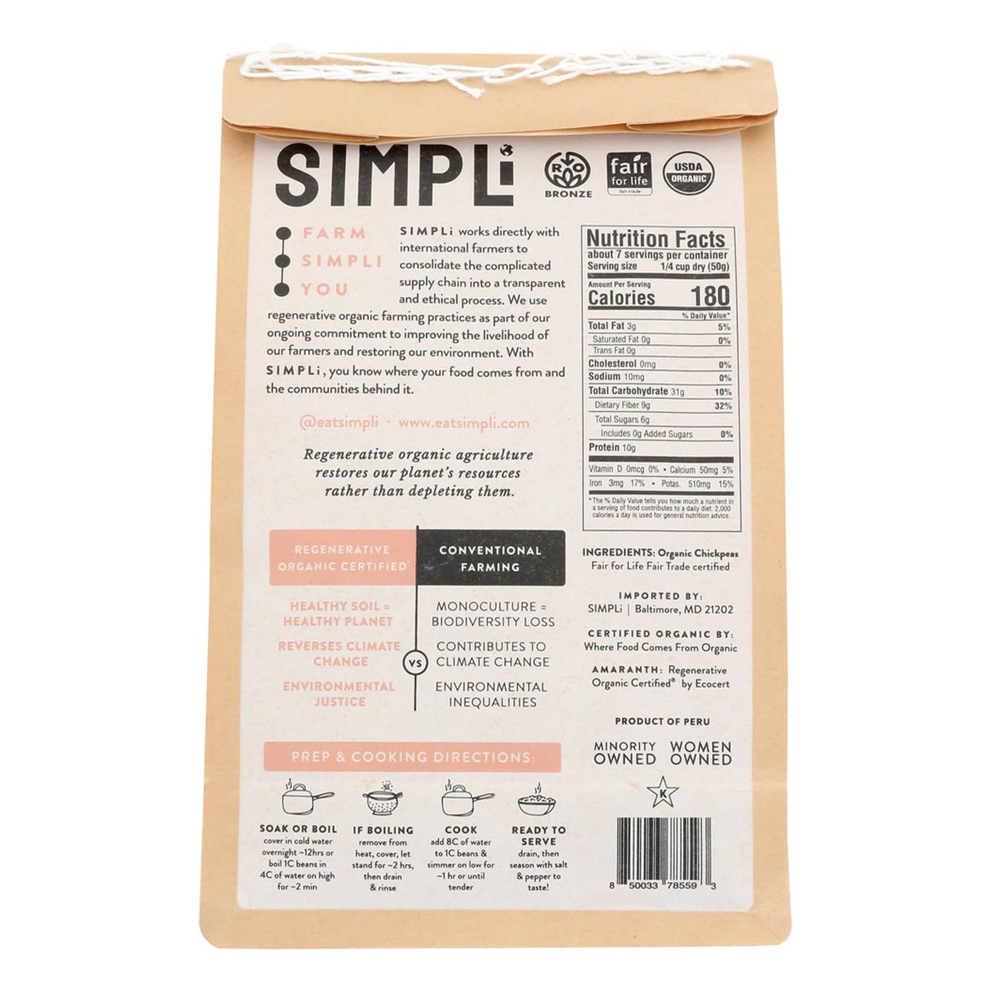 Simpli Regenerative Organic Certified Chickpeas, High In Fiber And Protein, Plant-Based Protein, Glyphosate-Free, Dense And Eart