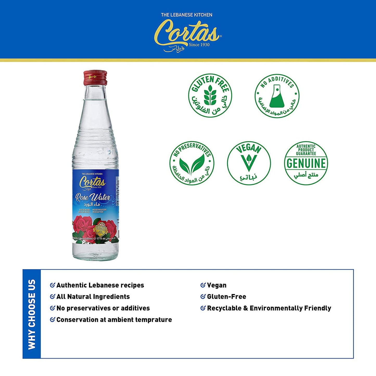 Cortas Rose Flower Water - 17 Fl Oz (500ml) - Large Size