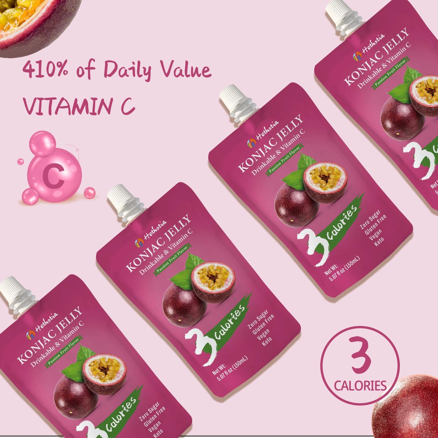 Hethstia Konjac Jelly Drinkable Squeeze Pouch Passion Fruit Flavor, 3 Calories, 10 Packs, 0 Sugar, Vegan, Gluten Free, Keto, Vit
