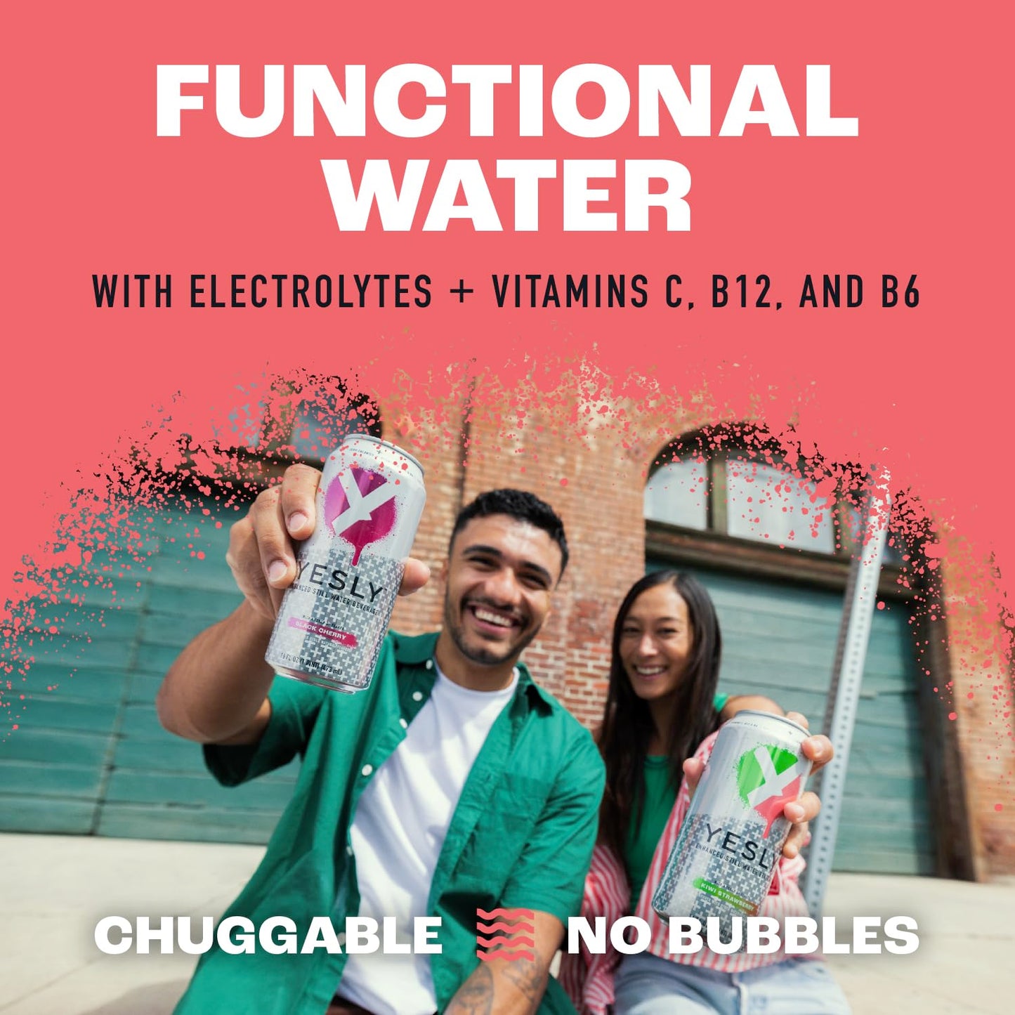 Yesly Functional Water, Kiwi Strawberry, Naturally Flavored, 16 Fl Oz Cans, Pack of 12, Zero Sugar, No Artificial Sweeteners