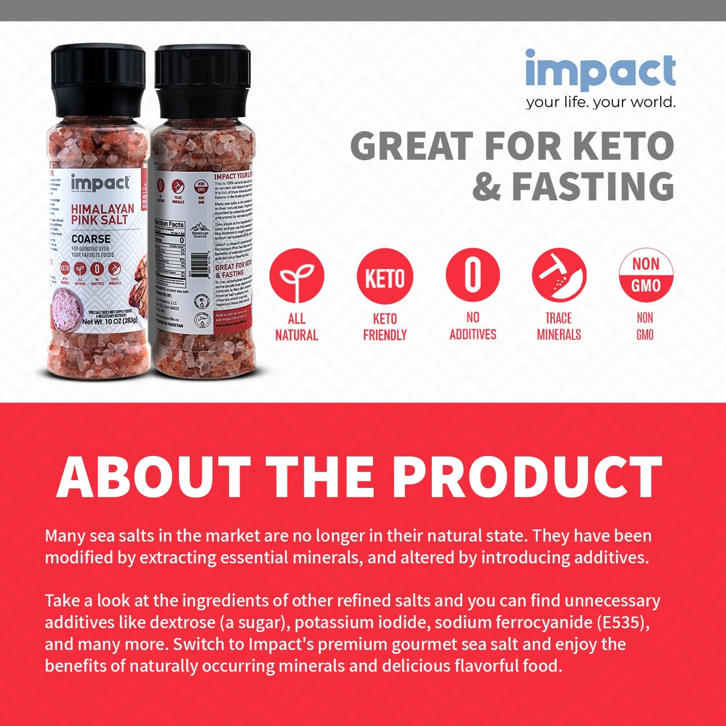 Impact - Coarse Himalayan Pink Sea Salt - No Additives Rich in Trace Minerals Non-GMO Gluten-Free Ideal for Low-Carb Fasting Coo
