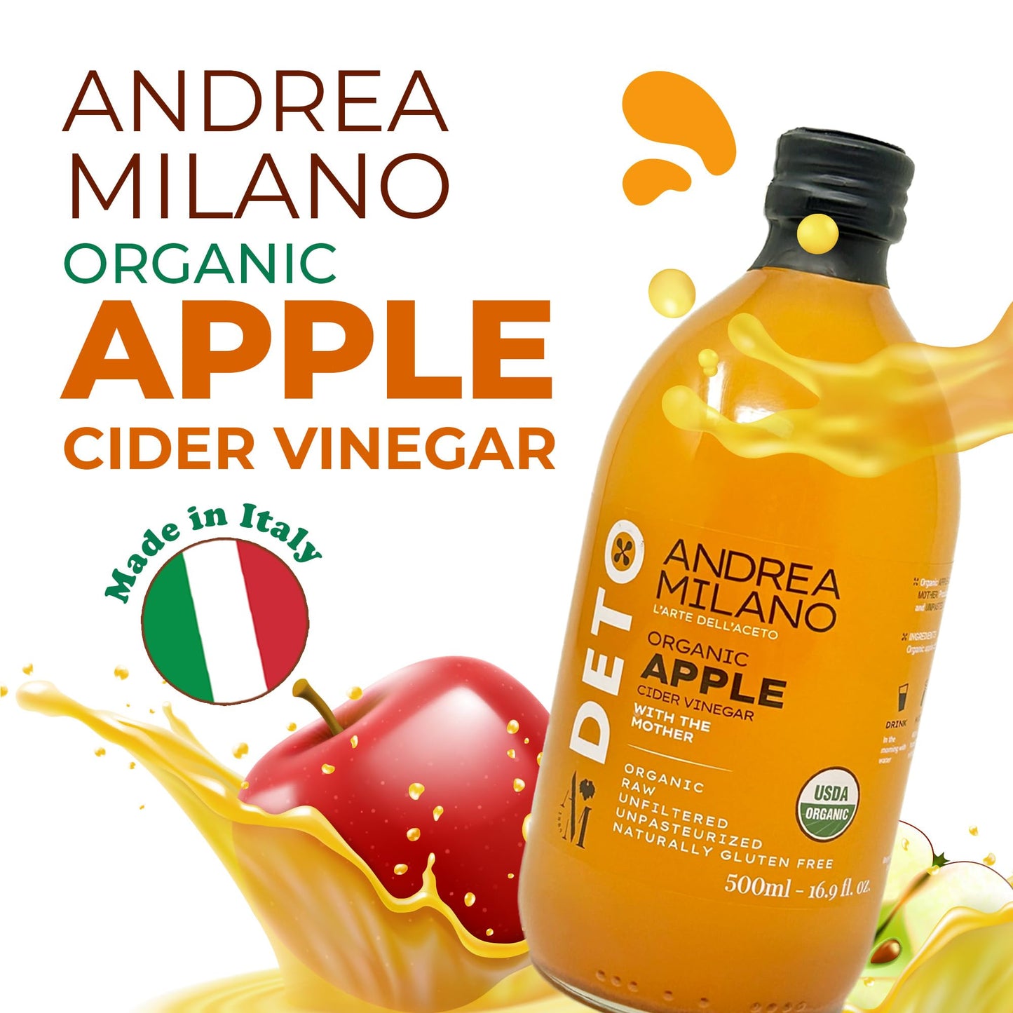 Andrea Milano Organic Apple Cider Vinegar, Raw, Unfiltered, Non-GMO, Vegan, 16.9 Fl Oz (Pack of 3)