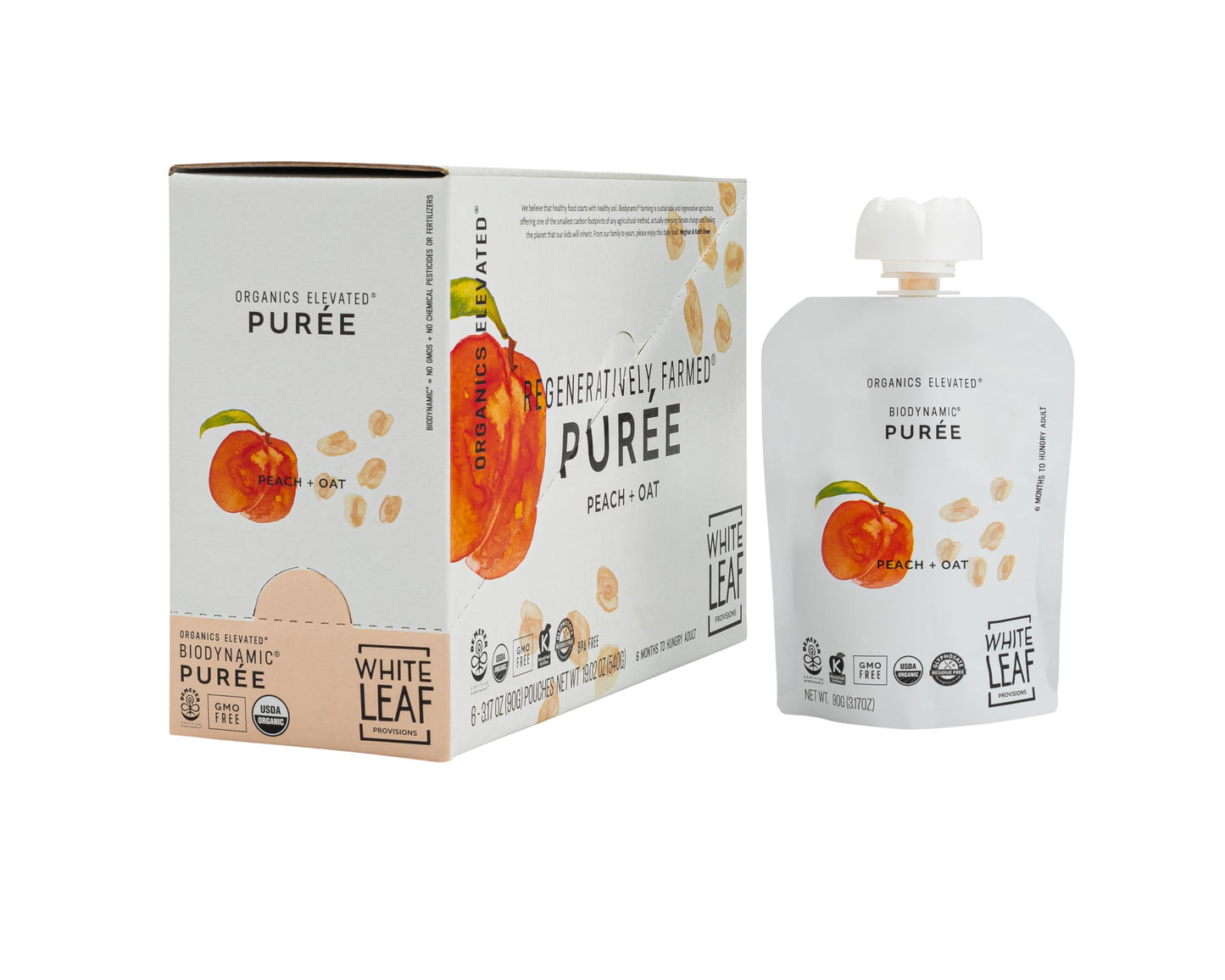 White Leaf Provisions Organic Purees/Baby Food Pouches - Fruits, Veggies & Grains, Toddler Snack, Regeneratively Farmed, No Added Sugar, Non-Gmo, Bpa-Free Pouches 3.17 Oz (Pack Of 24, Peach + Oat)