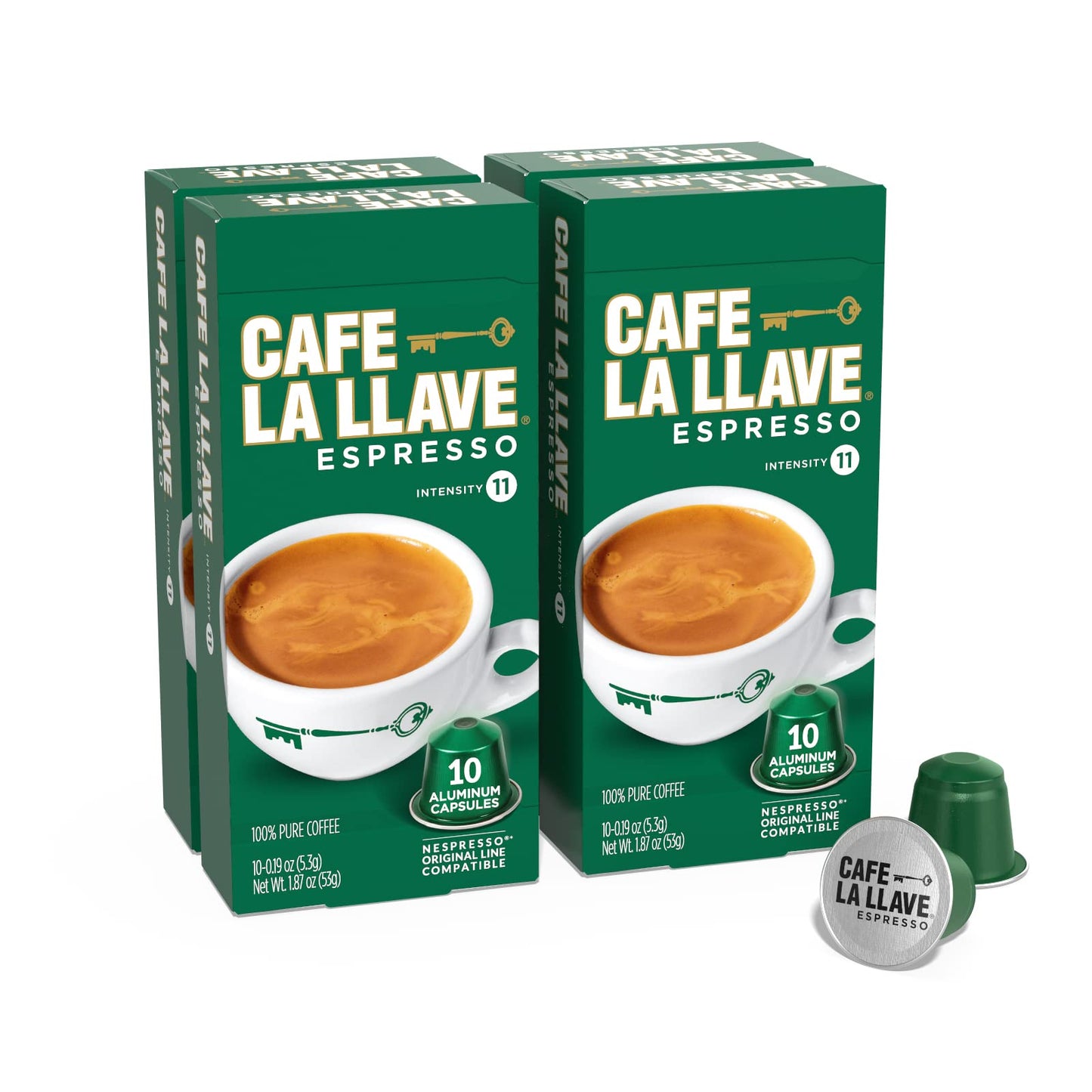 Cafe La Llave Espresso Pods, 40 Recyclable Aluminum Pods, Intensity 11 Dark Roast, Compatible with Nespresso Original Line, Coffee