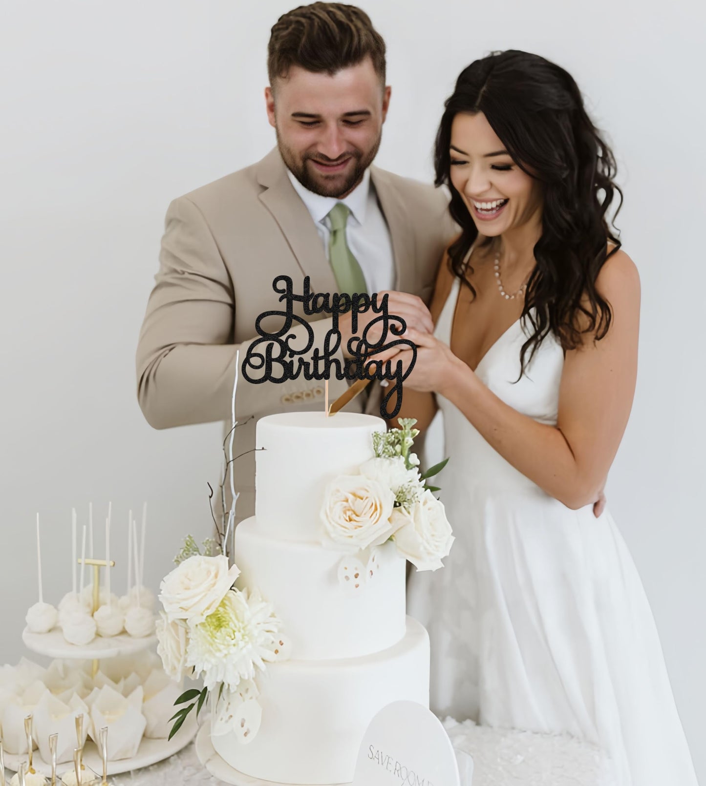 EONNCNT Happy Birthday Cake Topper - Black Glitter Paper Decoration - Model MOUCCT-HB