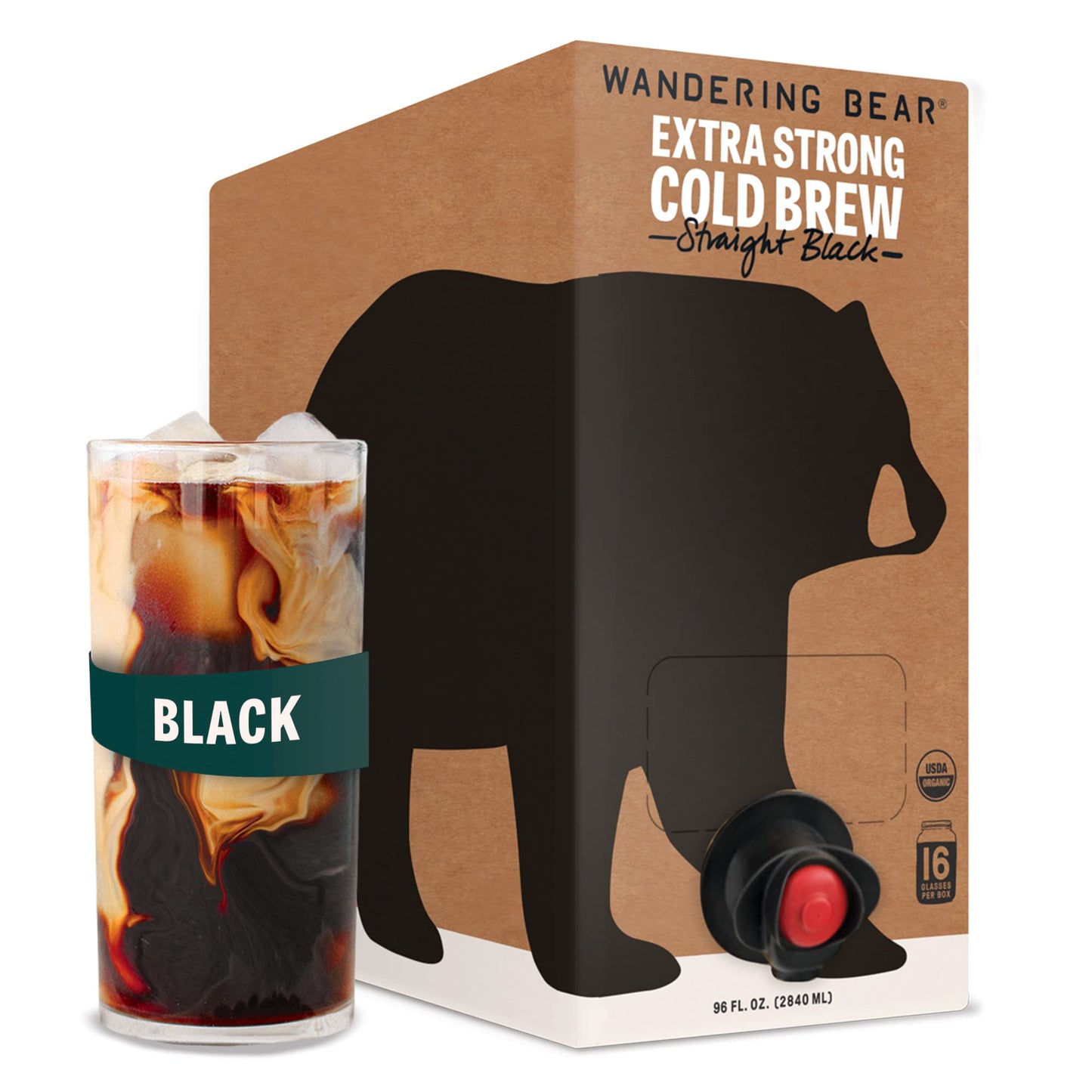 Wandering Bear Extra Strong Organic Cold Brew Coffee On Tap, Straight Black, 96 Fl Oz - Smooth, Unsweetened (0G Sugar), Shelf-St