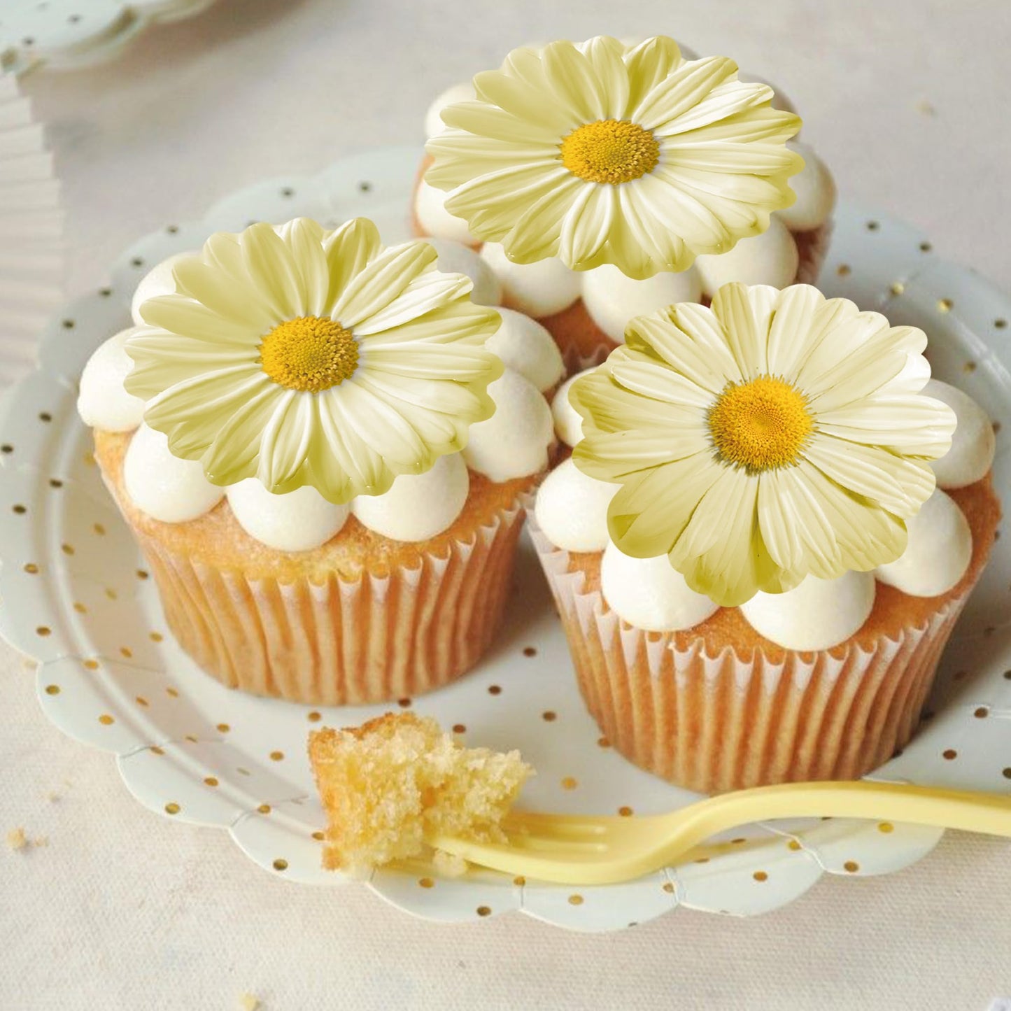 Foowztao 60Pcs Edible Daisy Cupcake Toppers - Wafer Paper Flower Decorations for Birthday & Wedding, Yellow