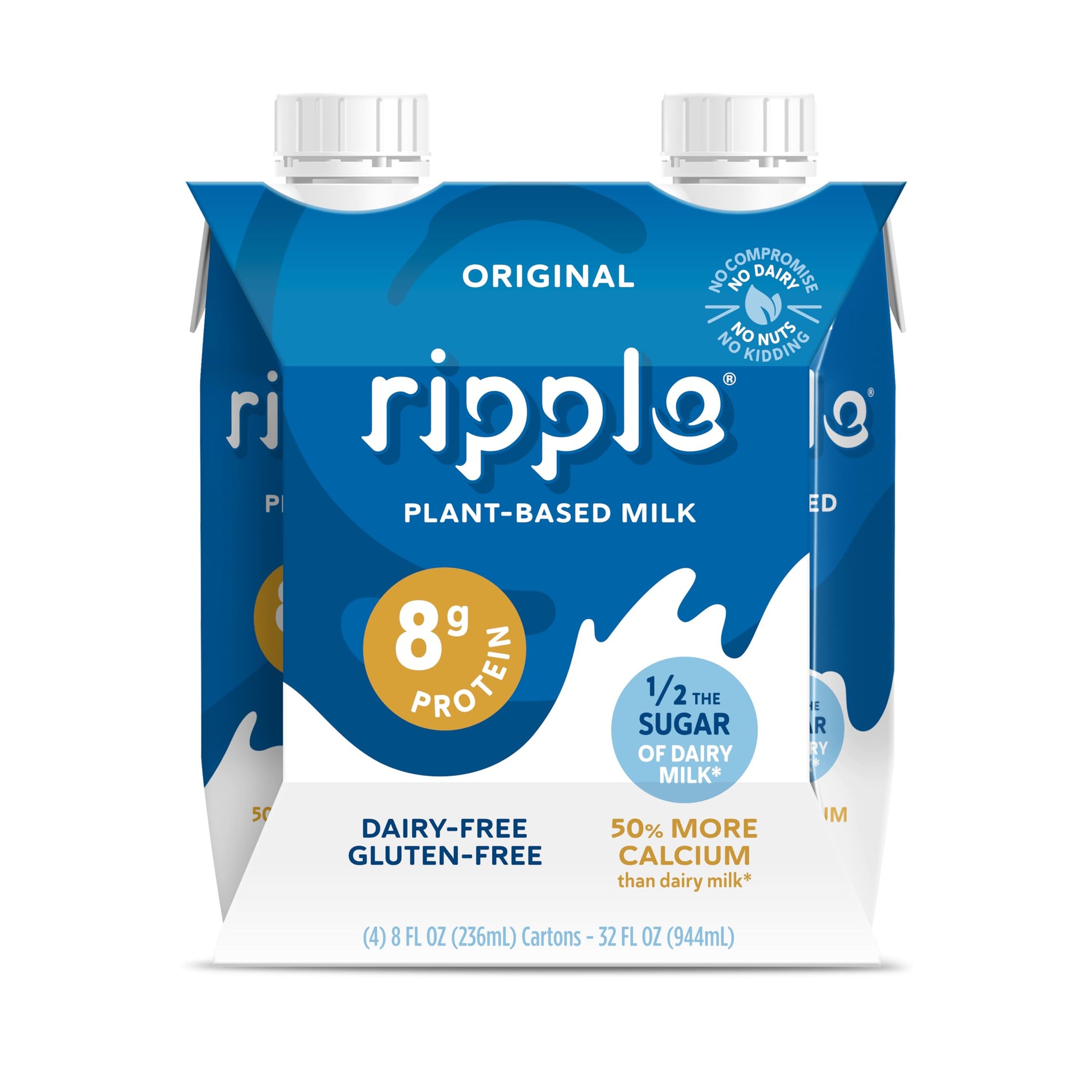 Ripple Non-Dairy Milk, Original | Vegan Milk With 8g Pea Protein| Shelf Stable Single Serve Cartons | On-The-Go | Non-GMO, Plant