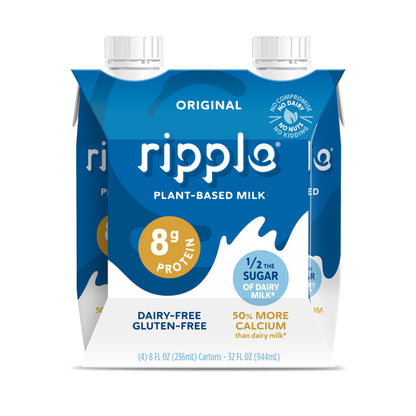 Ripple Non-Dairy Milk, Original | Vegan Milk With 8g Pea Protein| Shelf Stable Single Serve Cartons | On-The-Go | Non-GMO, Plant