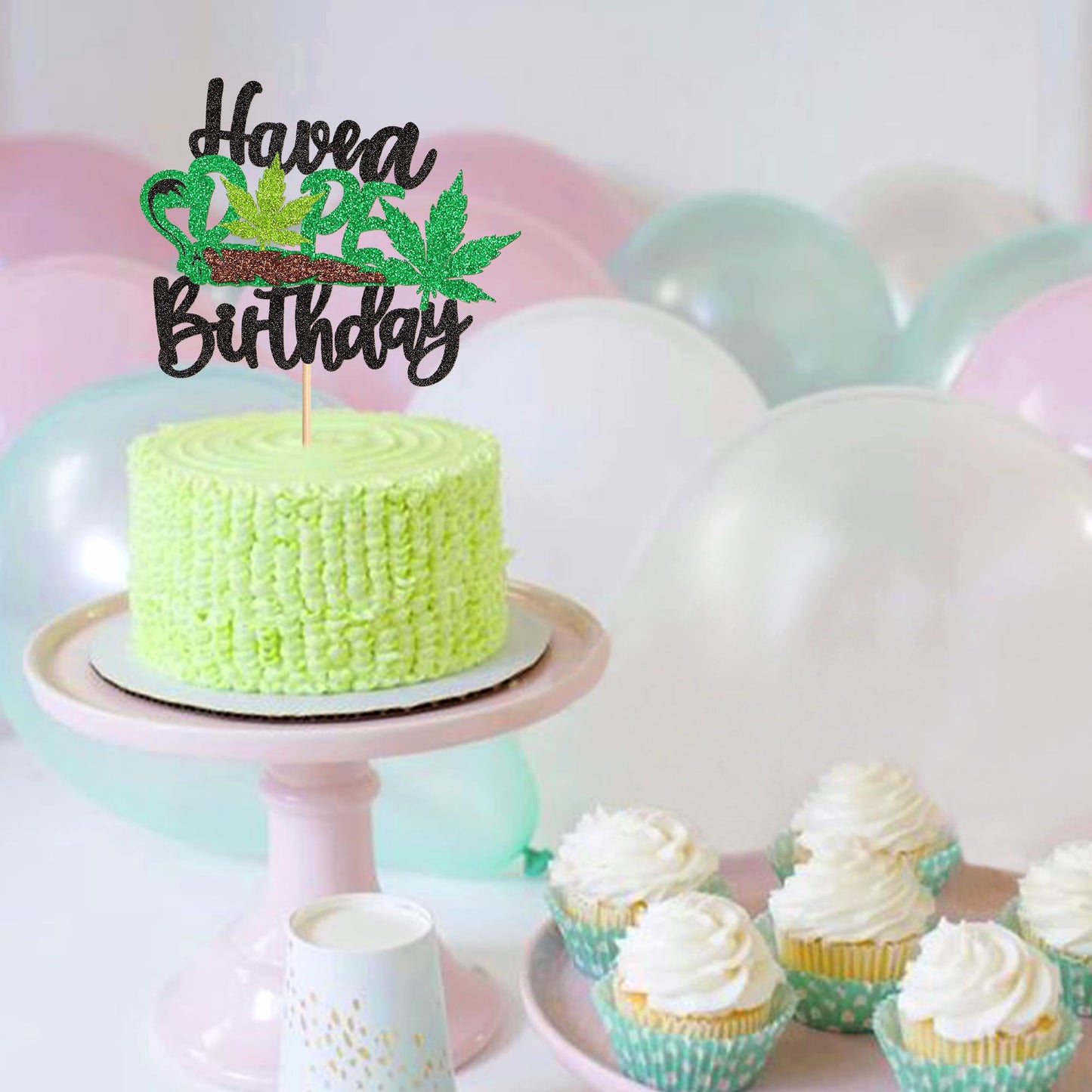 Ercadio Birthday Cake Topper Green Glitter Pot Leaf Happy Birthday Party Supplies