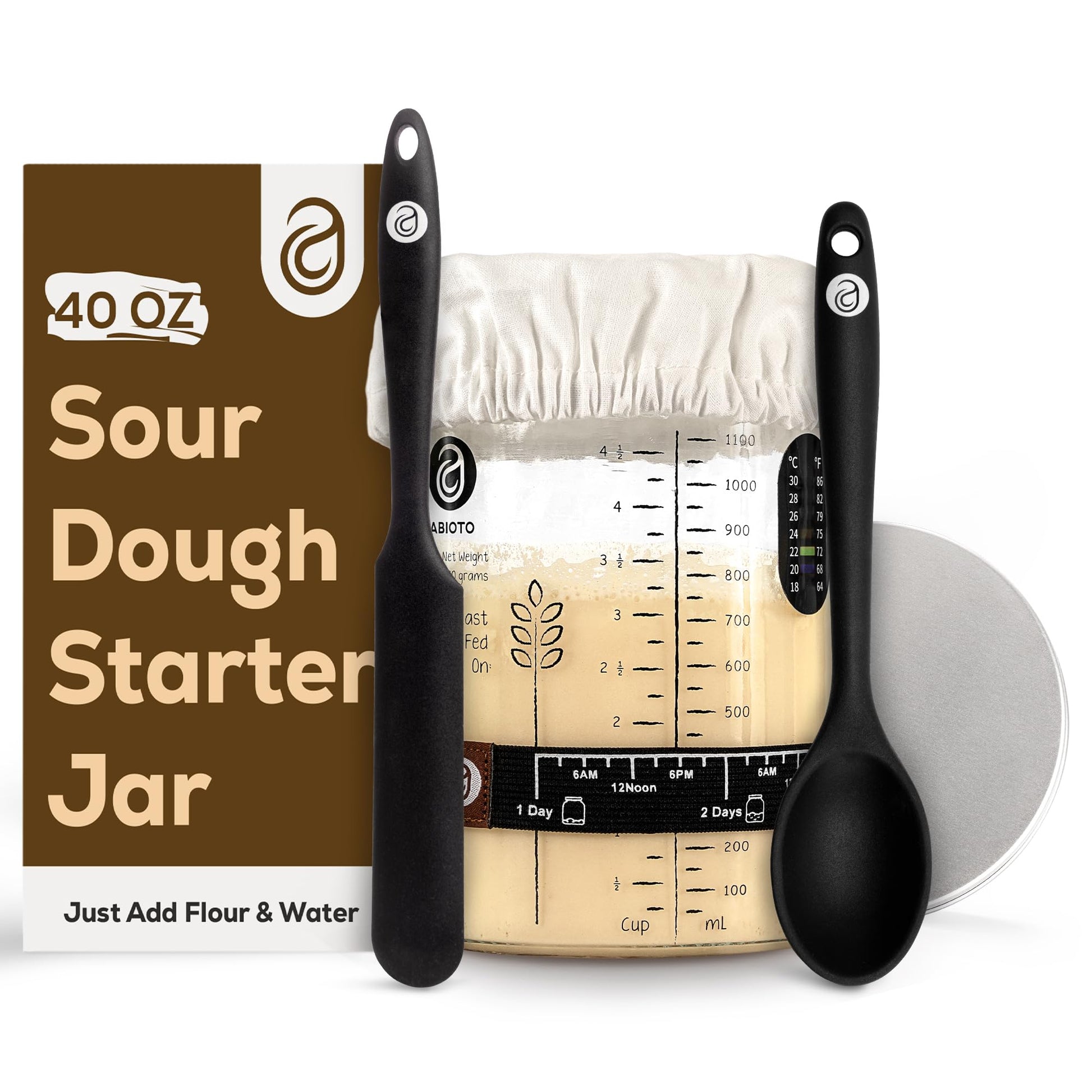 ABIOTO Sourdough Starter Kit with 40 oz Glass Jar, Thermometer Strips, and Covers - Transparent Glass, Model SSK-1200ml