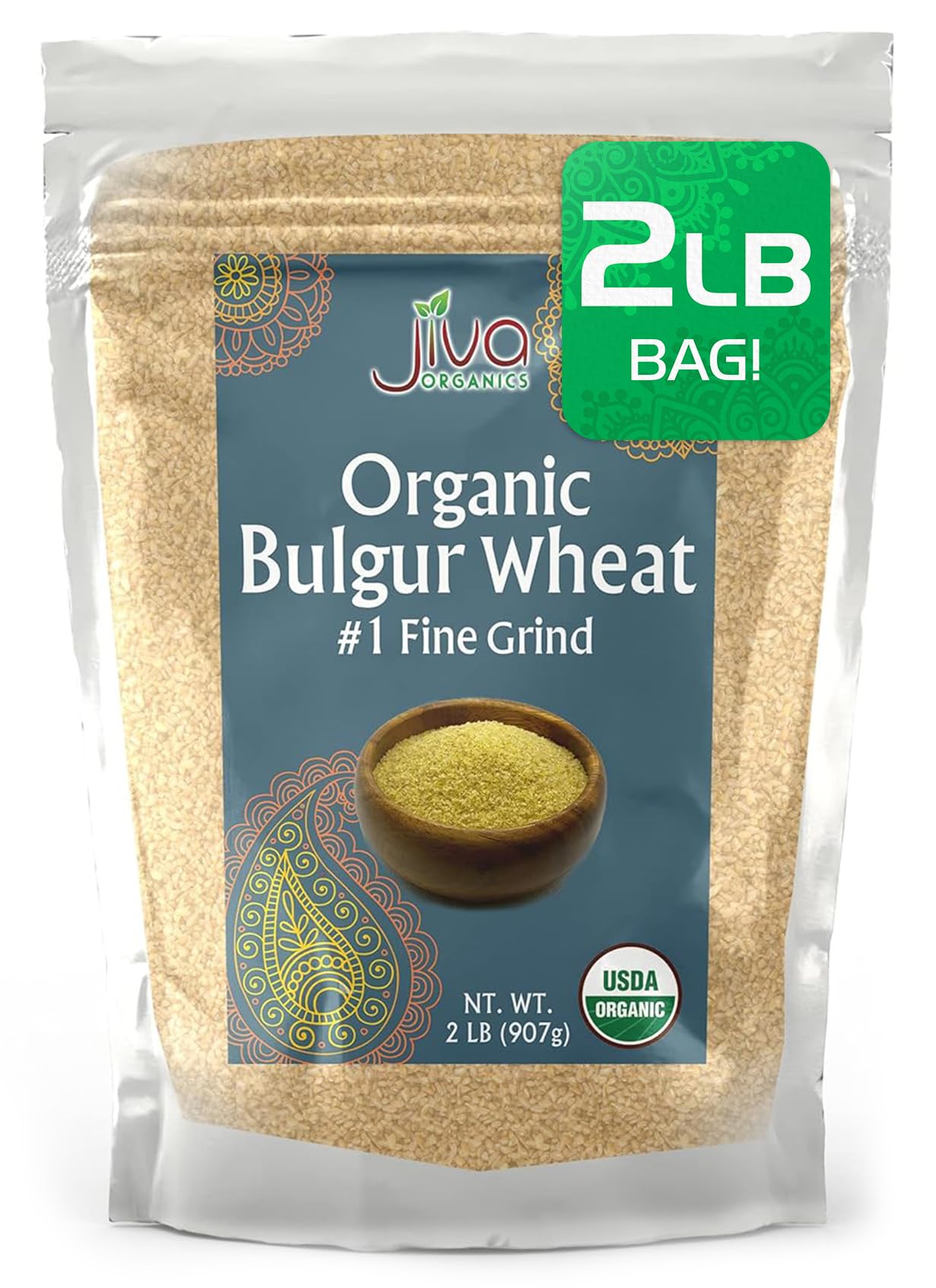Jiva Organic Bulgur Wheat Fine #1 2 Lb - Non-Gmo, Grown In Usa, 100% Natural Wheat Berries, Resealable Bag