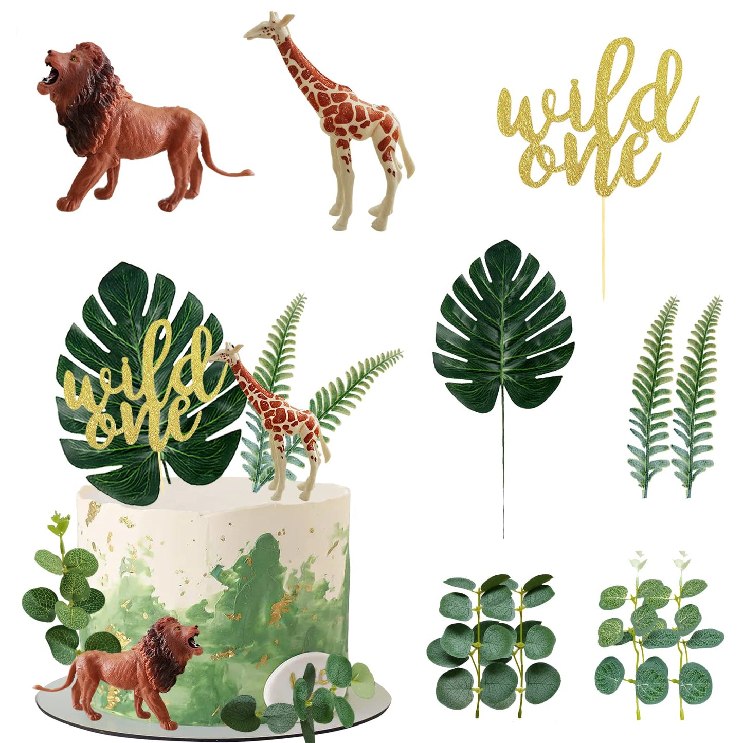 LEFUBABY Safari Jungle Animals Cake Toppers, Paper & PVC Decorations for Wild Themed Birthday Party, Model KH