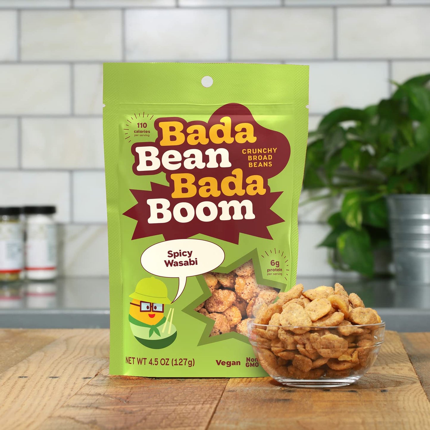 Bada Bean Bada Boom Plant-based Protein, Gluten Free, Vegan, Soy Free, Kosher, Roasted Broad Fava Bean Snacks, Wasabi, 4.5 Ounce