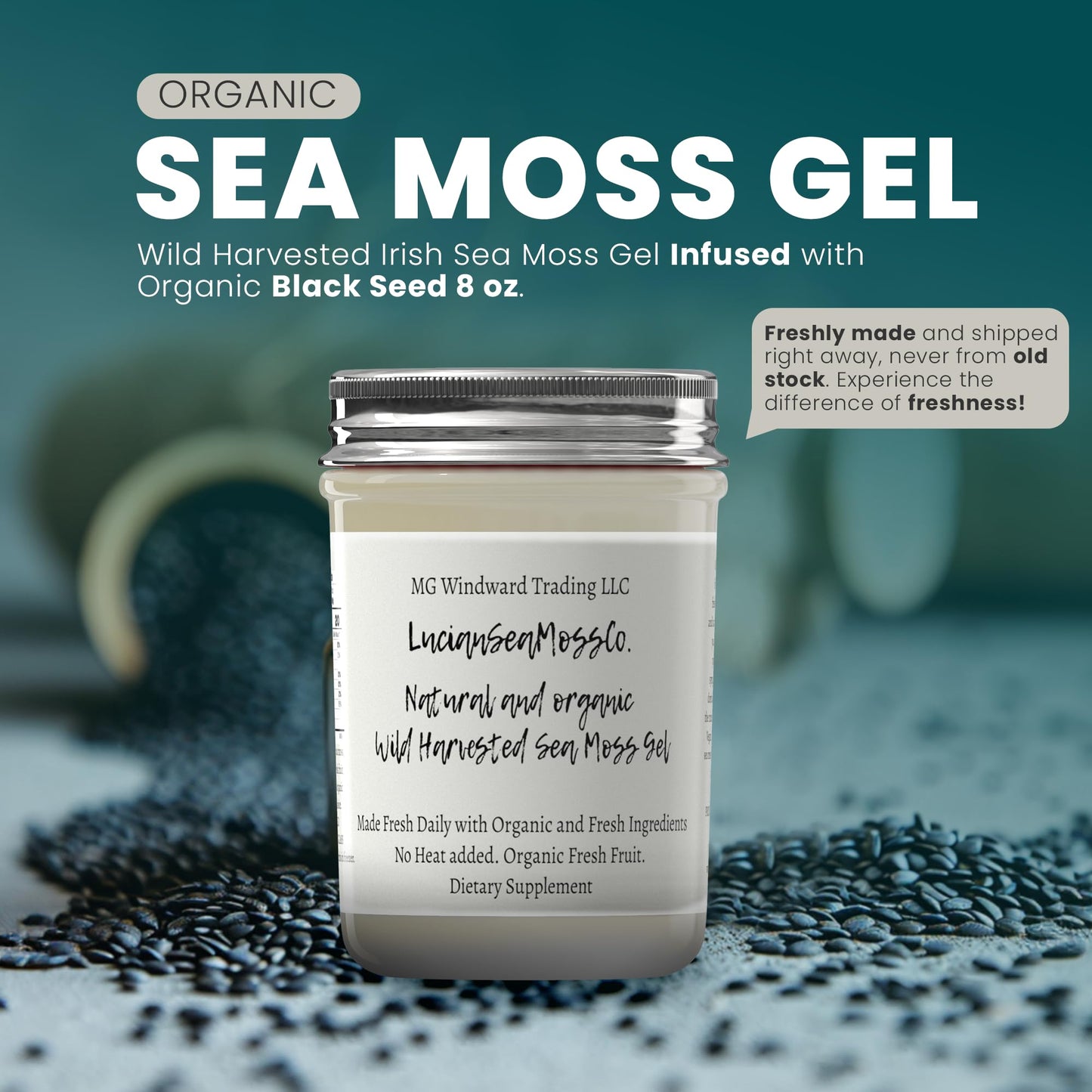 MG Windward Trading LLC Black Seed Sea Moss Gel, Organic, 8oz, Wild Harvested, Immune & Digestive Support
