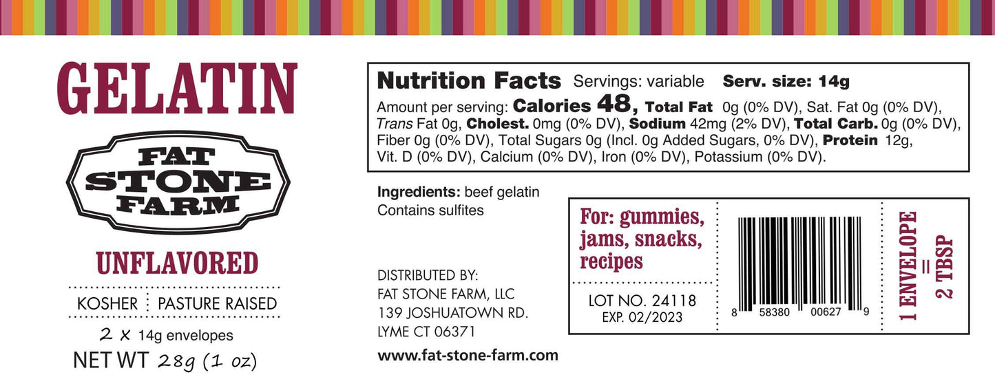 Fat Stone Farm Kosher Beef Gelatin Powder - Unflavored, 2 x ½ oz Single Serving Paper Packets, 1 Ounce Total