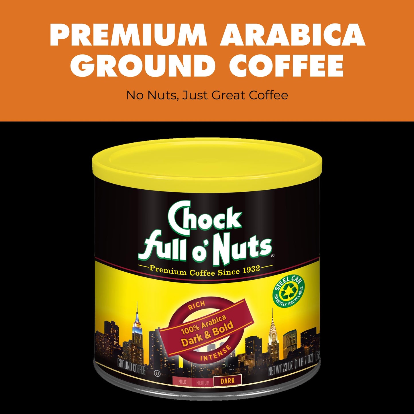 Chock Full o’ Nuts Dark & Bold Roast Ground Coffee - 23 Oz Can - Arabica Coffee Beans - Full-Bodied Dark Blend