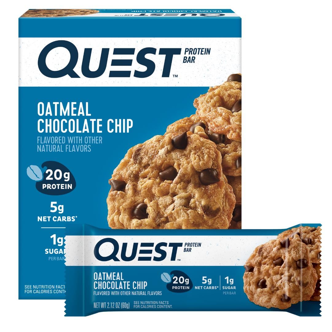 Quest Nutrition Oatmeal Chocolate Chip Protein Bars, 20g Protein, 1g Sugar, 5g Net Carb, Gluten Free, Keto Friendly, 4 Count
