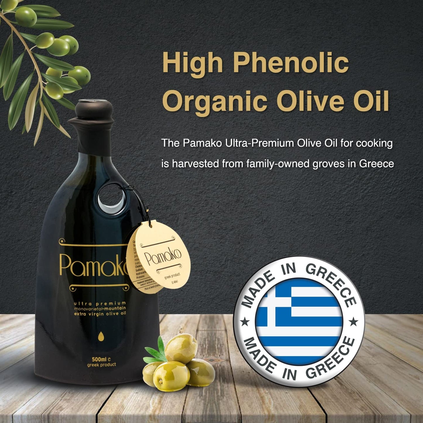 Pamako Ultra-Premium Organic Olive Oil, 500ml - Cold Pressed, 2023 Harvest, Monovarietal from Greece, 2039mg/kg Antioxidants