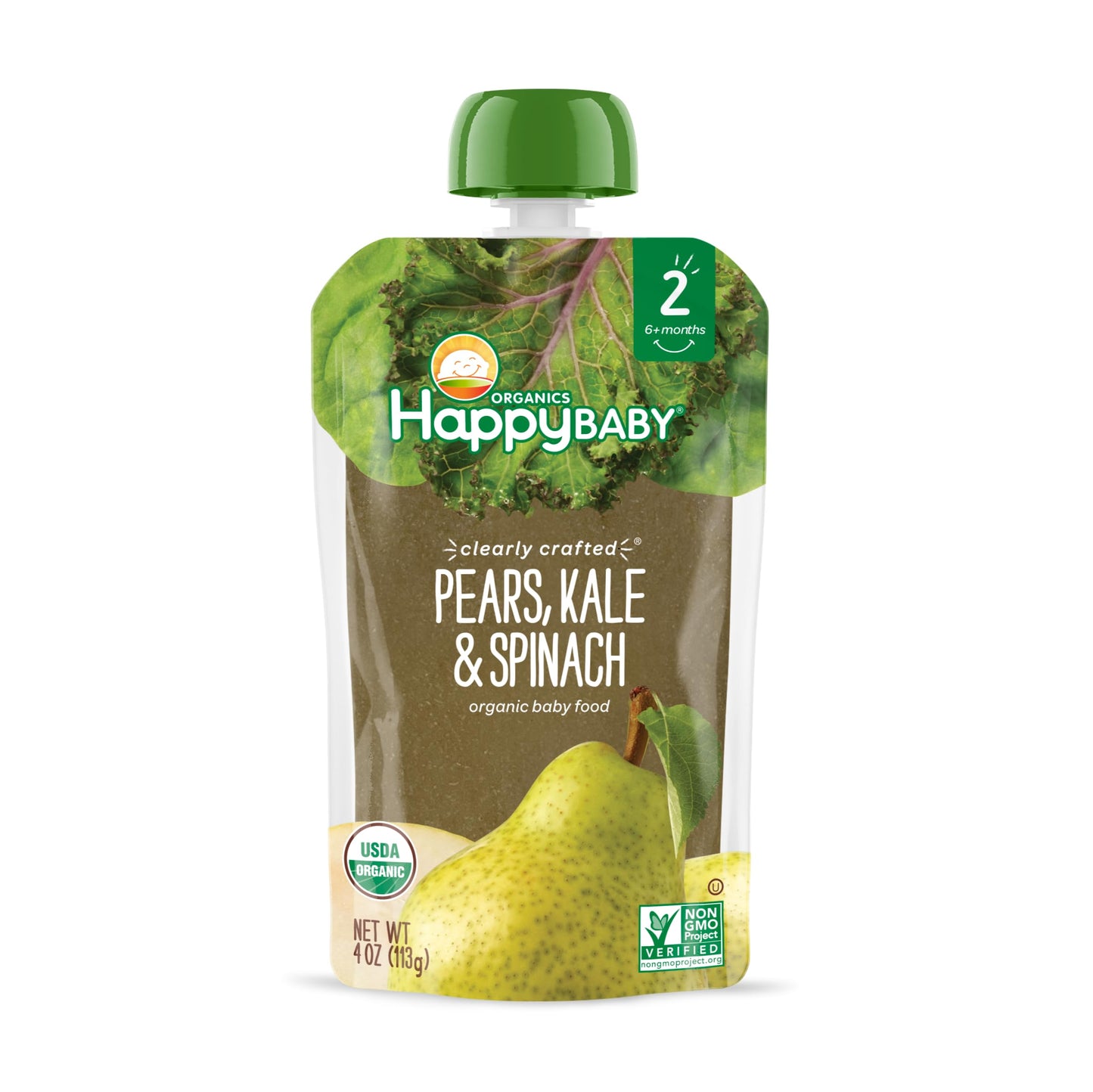 Happy Baby Organics Stage 2 Baby Food Pouches, Gluten Free, Vegan & Healthy Snack, Clearly Crafted Fruit & Veggie Puree, Pears,