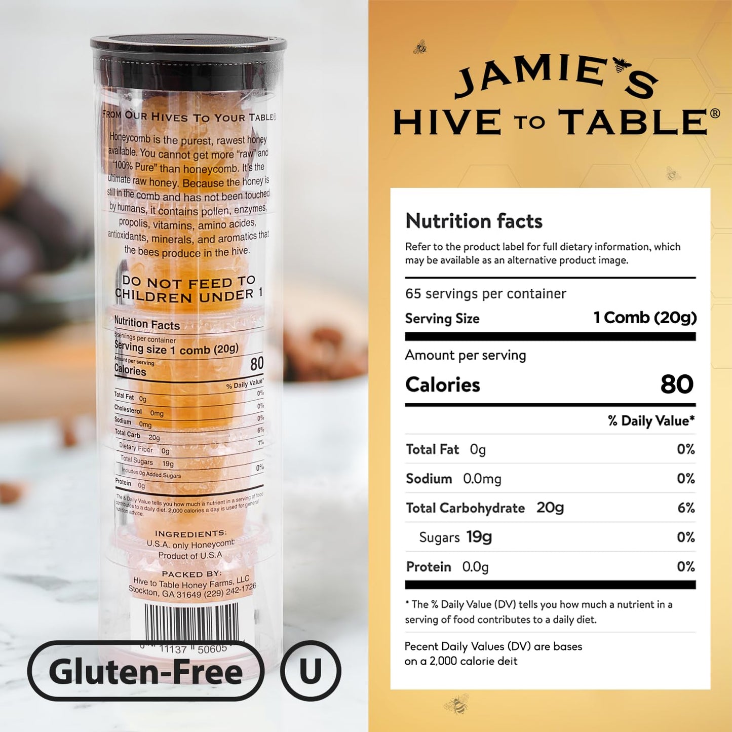 Jamies Hive To Table 100% Raw Honeycomb Bites, 3.3 Oz, 5 Bites - Pure Honeycomb Straight From The Hive - Made In Usa, Product Of