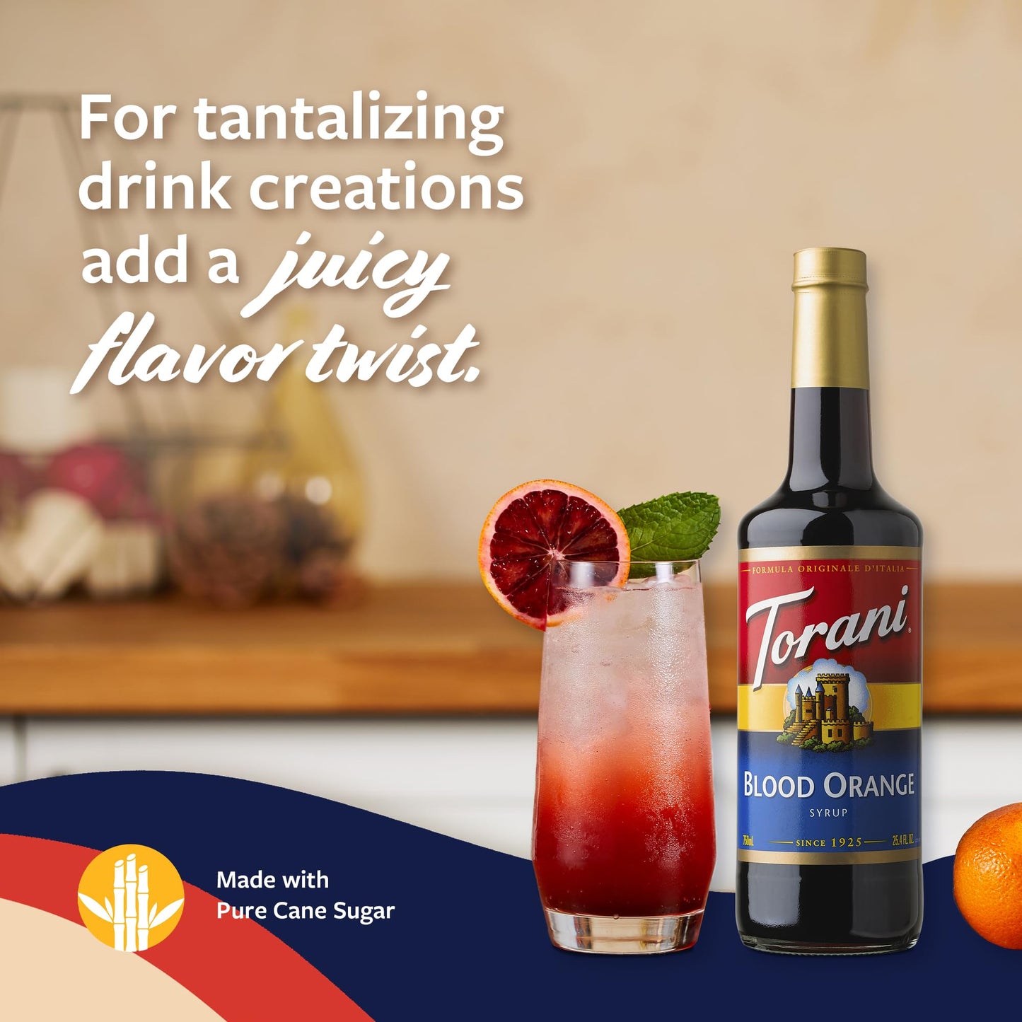 Torani Blood Orange Syrup for Drinks  Flavoring for Iced Tea  Lemonade  Sodas  and Cocktails  Glass Bottle with Pump Included  25.4 Fl Oz